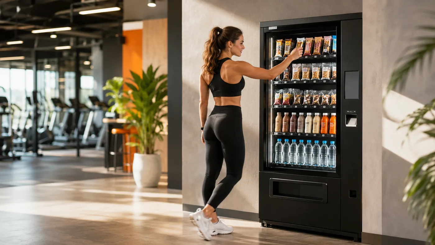 Snacksautomat på ett gym fylld med proteinbars och nyttiga snacks