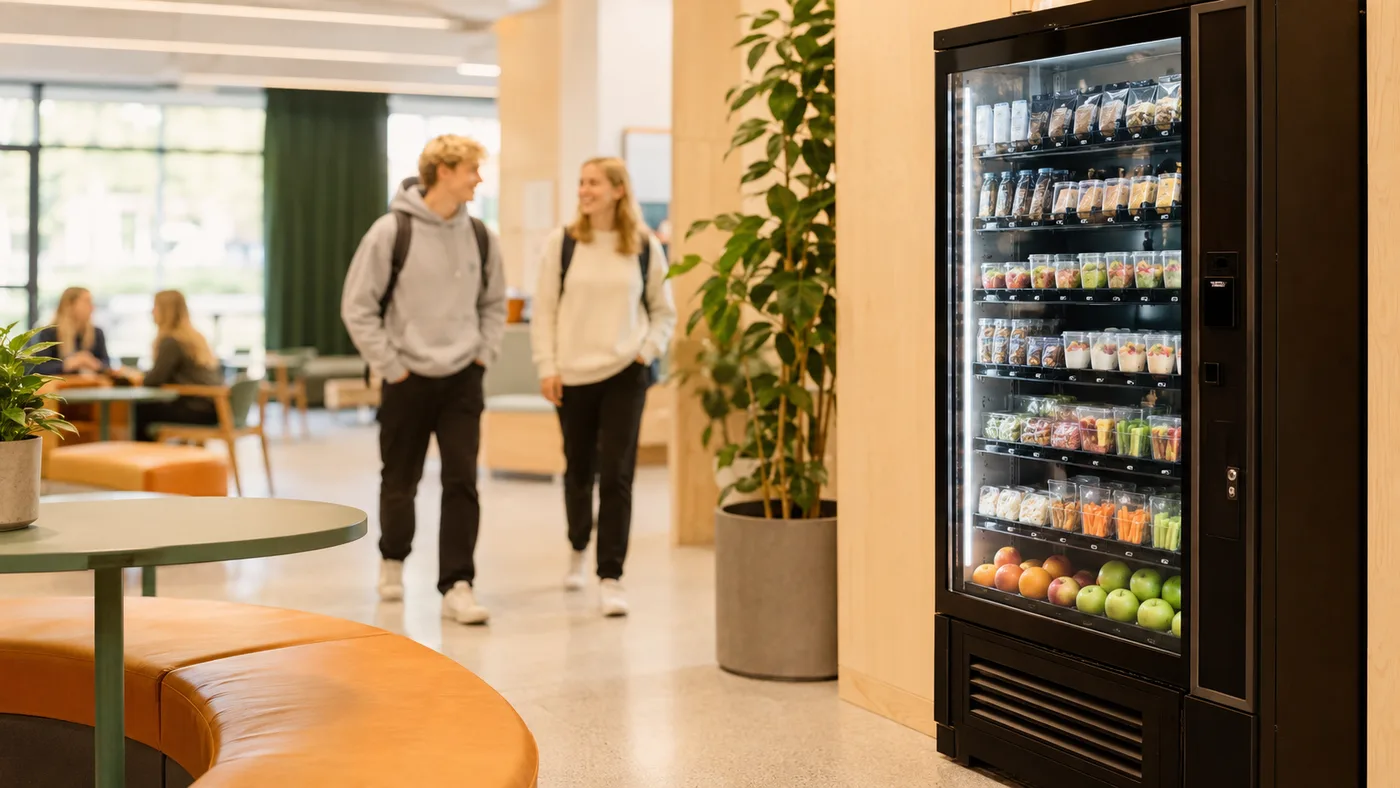 Snacksautomat i en skola omgiven av studenter