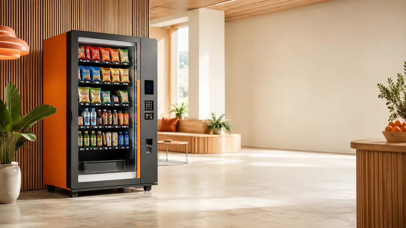 Modern snacksautomat med chips, snacks och kalla drycker i en ljus kontorslobby med träpanel